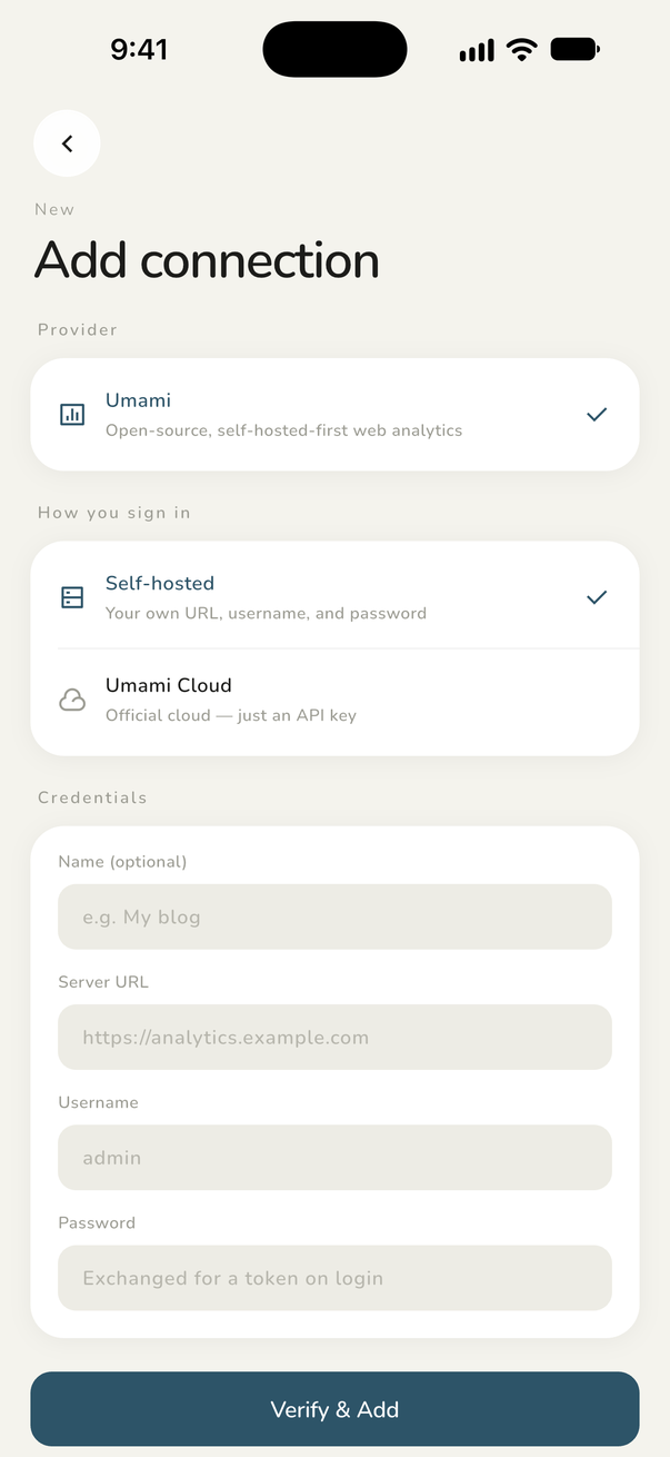 SiteGlance add connection screen with self-hosted and Umami Cloud options